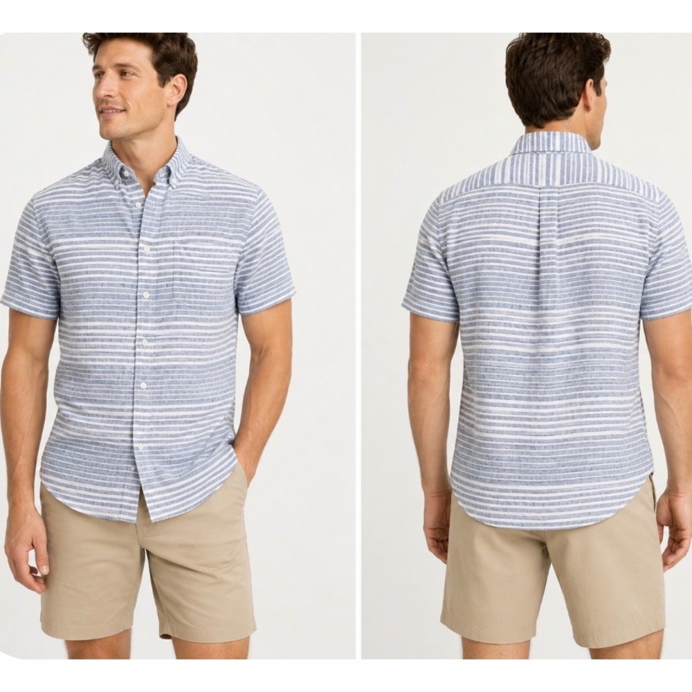 J.Crew Men's Short-Sleeve Baird McNutt Irish Linen Striped Shirt Blue White M